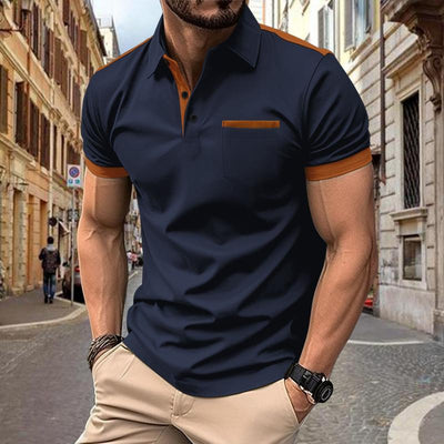 Men's Colorblock Chest Pocket Lapel Cotn Blend Short Sleeve Polo Shirt