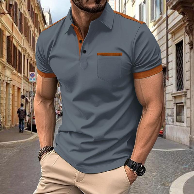 Men's Colorblock Chest Pocket Lapel Cotn Blend Short Sleeve Polo Shirt