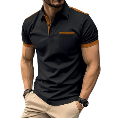 Men's Colorblock Chest Pocket Lapel Cotn Blend Short Sleeve Polo Shirt