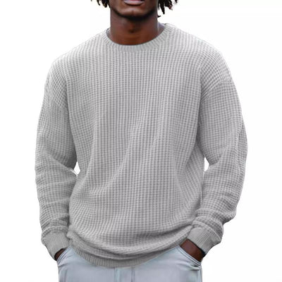 Men's Solid Color Waffle Rond Neck Long Sleeve Sweatshirt