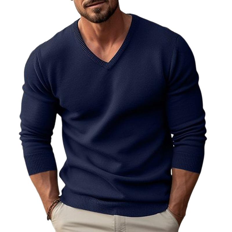 Men's solid color V-neck long-sleevednitted pllover sweater