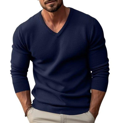 Men's solid color V-neck long-sleevednitted pllover sweater