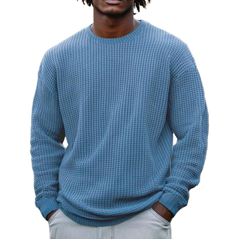 Men's Solid Color Waffle Rond Neck Long Sleeve Sweatshirt