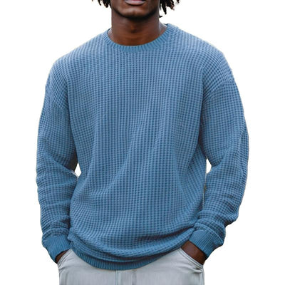 Men's Solid Color Waffle Rond Neck Long Sleeve Sweatshirt
