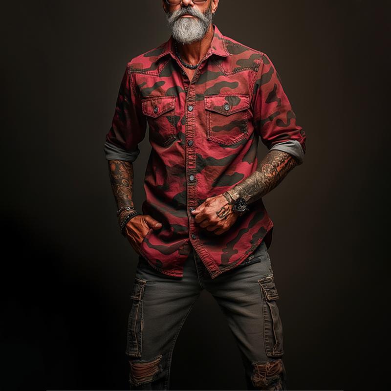 Men's Camoflage Lapel Chest Pocket Cargo Shirt