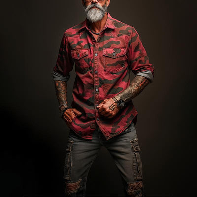 Men's Camoflage Lapel Chest Pocket Cargo Shirt