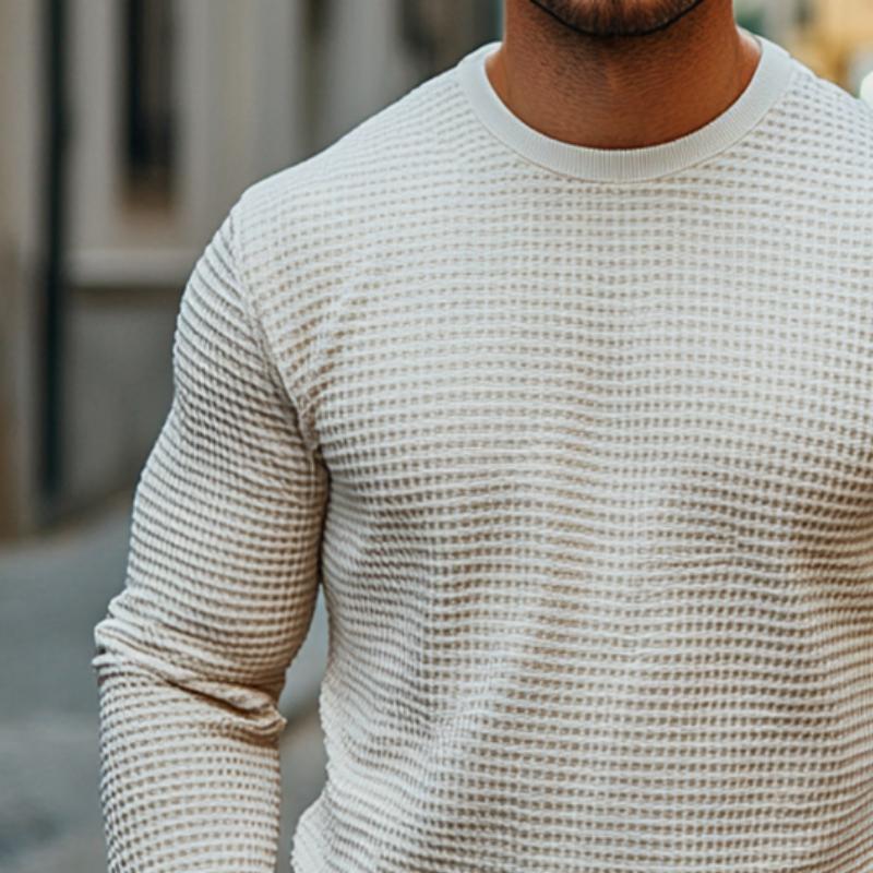 Joel | Men'S Retro Casual Solid Color Waffle Round Neck Long Sleeve T-Shirt 28567999To