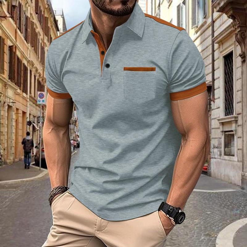 Men's Colorblock Chest Pocket Lapel Cotn Blend Short Sleeve Polo Shirt