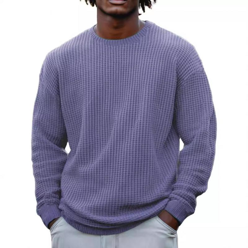 Men's Solid Color Waffle Rond Neck Long Sleeve Sweatshirt
