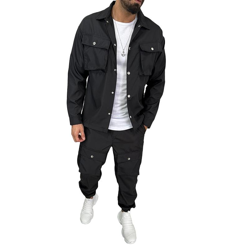 Men's Solid Color  Lapel Single Breasted Jacket Trosers Cargo Set