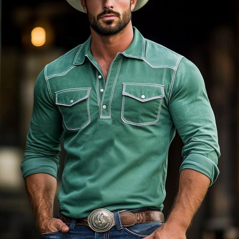 Men's Fashion Sede Western Style SliFit Long Sleeve Polo Shirt
