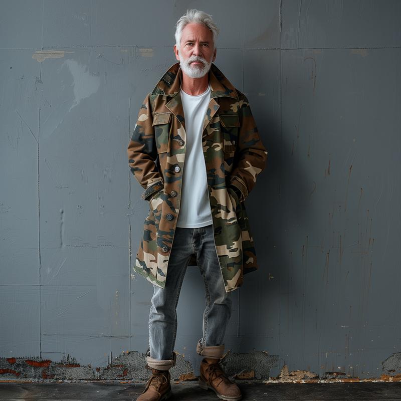 Men's Camoflage Lapel Breast Pocket Single Breastedid-length Cargo Trench Coat