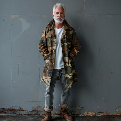 Men's Camoflage Lapel Breast Pocket Single Breastedid-length Cargo Trench Coat