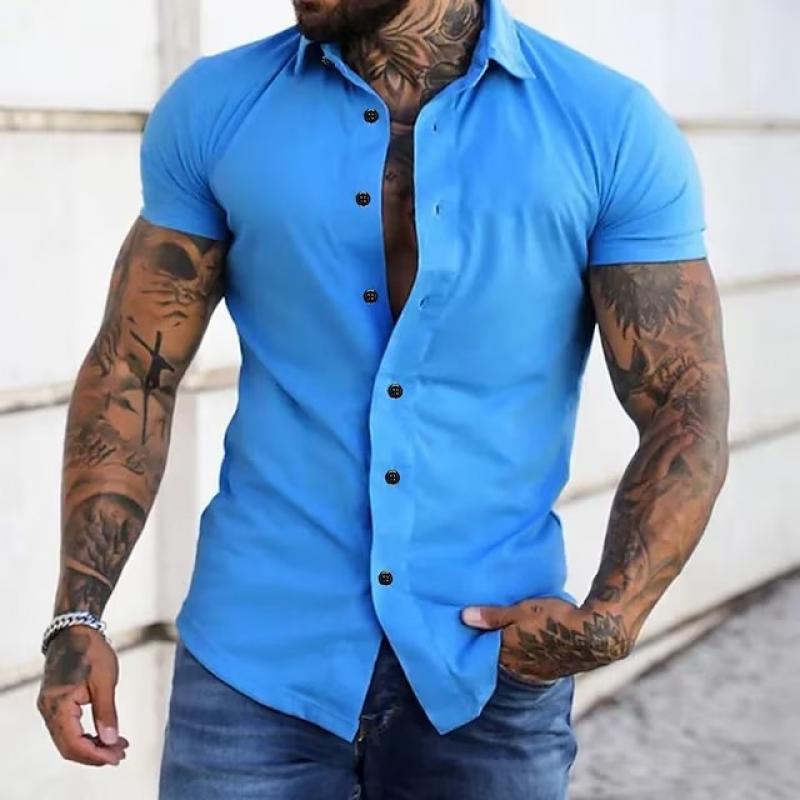 Men's Solid Lapel Short Sleeve Sports Fitness Shirt