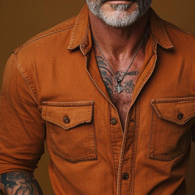 Men's Retro Casual Solid Pocket Long Sleeve Shirt