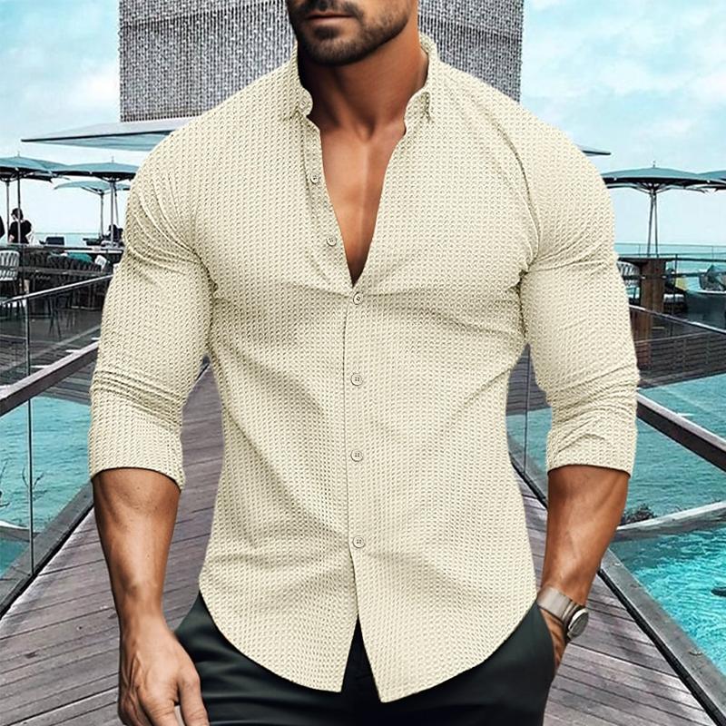 Men's Solid Color Lapel Long Sleeve Waffle Casal Shirt