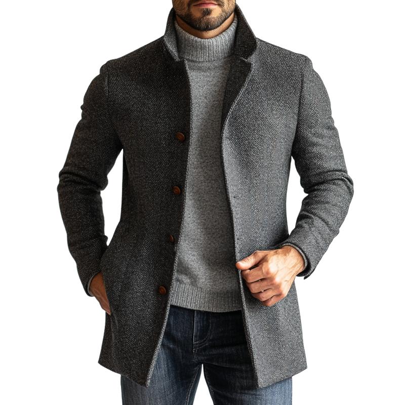 Men's Retro Herringbone Woolen Single-Breastedid-Length Coat