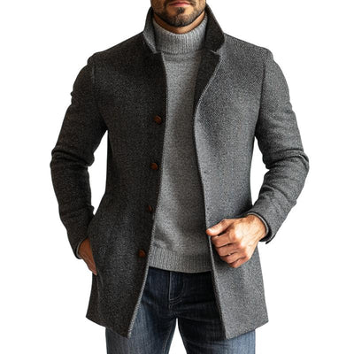 Men's Retro Herringbone Woolen Single-Breastedid-Length Coat