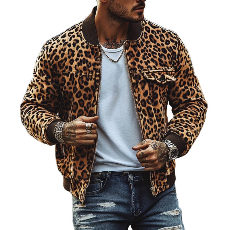 Men's Vine Leopard Print Chest Pocket Bomber Jacket