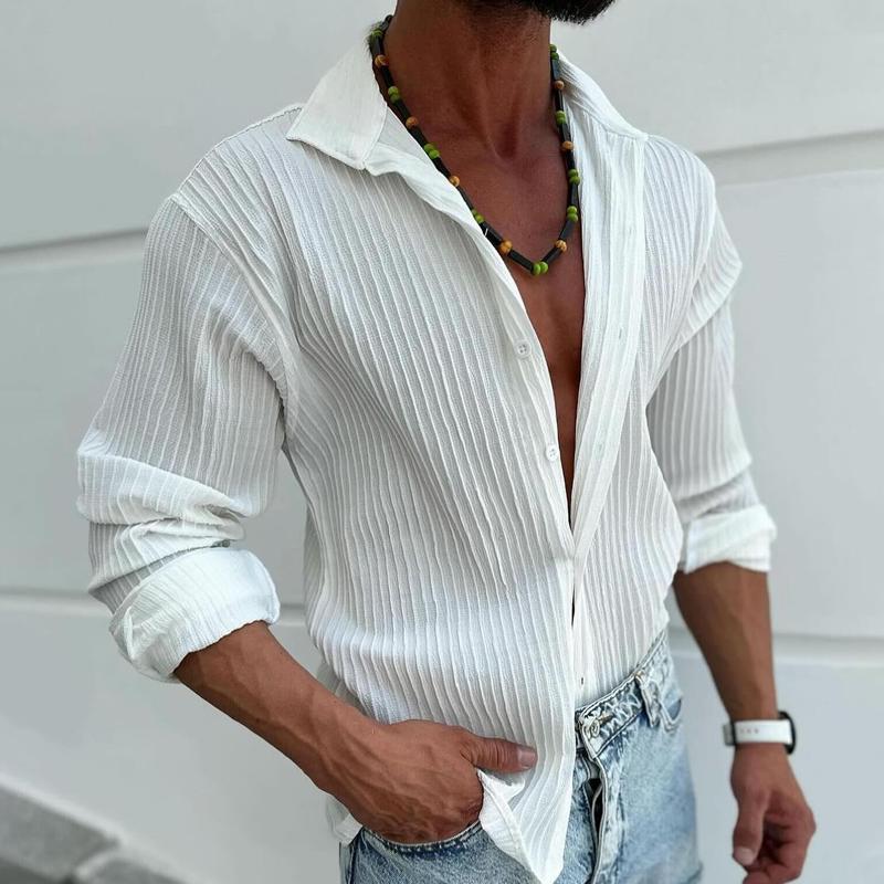 Men's Solid Striped Lapel Long Sleeve Casal Shirt