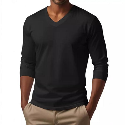 Men's Casal V-neck Cotn Blended SliFit Long Sleeve T-shirt