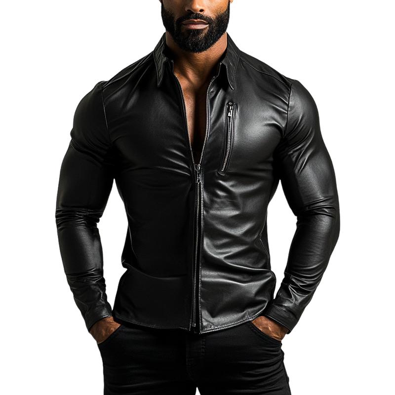 Men's Fashion Lapelipper SliFit Long Sleeve Leather Shirt