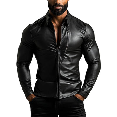 Men's Fashion Lapelipper SliFit Long Sleeve Leather Shirt