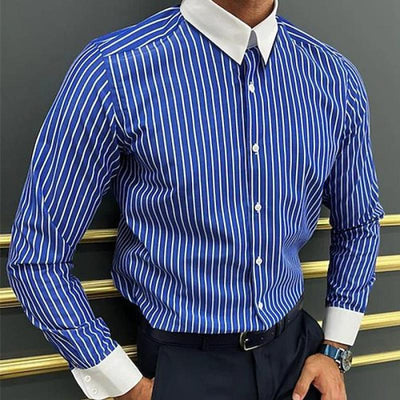 Men's Striped Colorblock Lapel Long Sleeve Casal Shirt