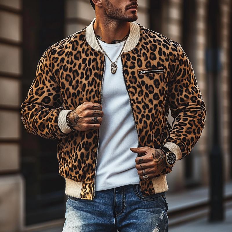 Men's Vine Leopard Print Colorblockip-p Bomber Jacket