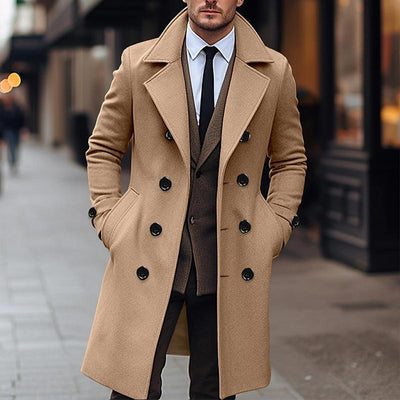 Men's Solid Notch Lapel Doble Breasted Long Coat
