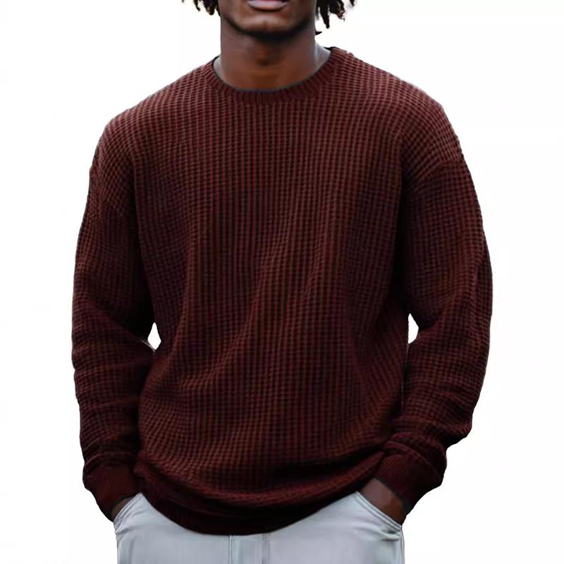 Men's Solid Color Waffle Rond Neck Long Sleeve Sweatshirt