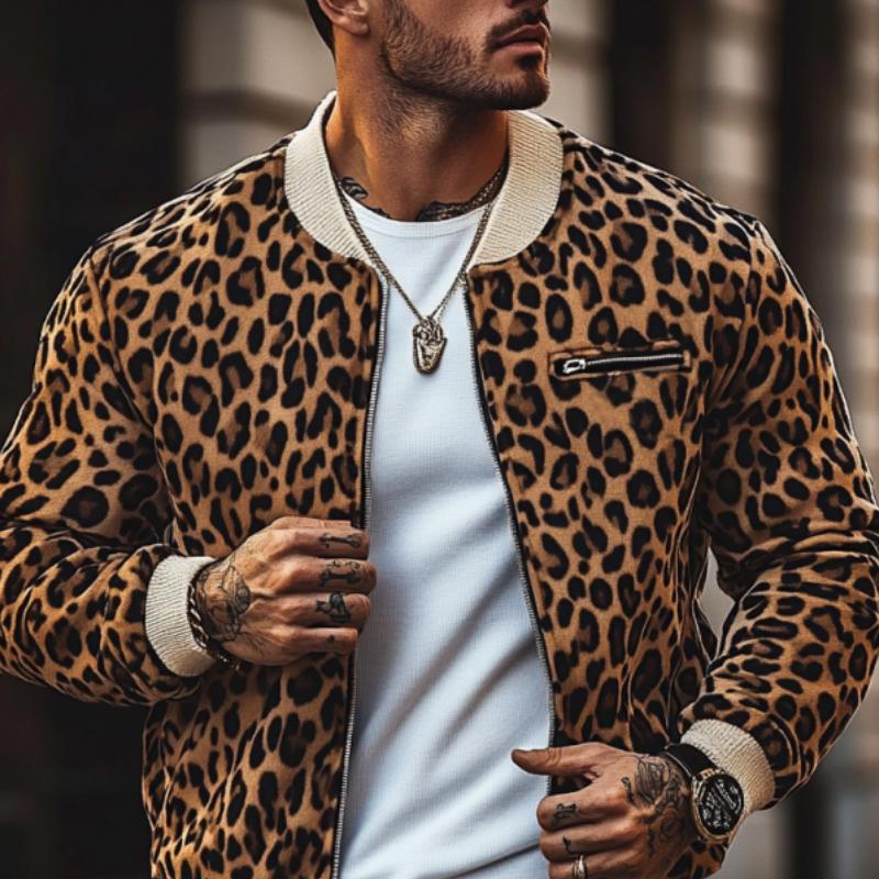 Men's Vine Leopard Print Colorblockip-p Bomber Jacket