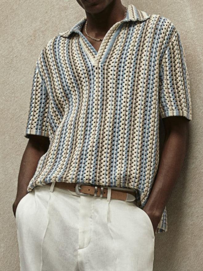 Ramsés® | Retro Knit Polo Shirt for Men – Cotton Perforated Summer Top with Johnny Collar