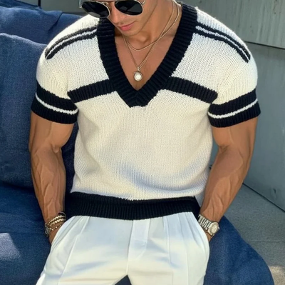 Men's Casal V-neck Striped Jacqard SliFitnitted Short-sleeved Sweater T-Shirt