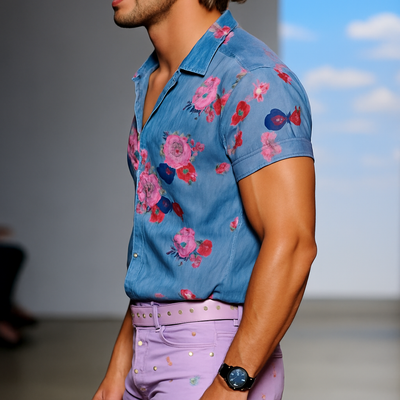 Men's Retro Casalesh Printed Floral Lapel Short Sleeve Shirt