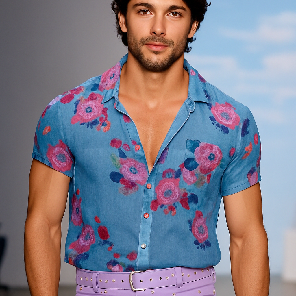 Men's Retro Casalesh Printed Floral Lapel Short Sleeve Shirt